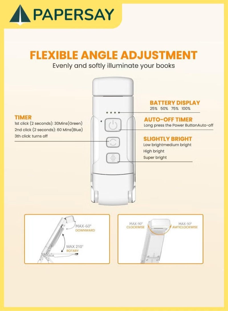 PAPERSAY USB Rechargeable Book Light for Reading in Bed, Book Reading Light with Clip,3 Amber Colors and 5 Adjustable Brightness,Small and Convenient, Eye Protection, for Kids and Book Lovers(White) - Image 3